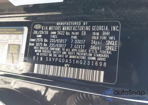 2017 Kia Sorento 3.3L Lx z USA, uszkodzony, nr VIN 5XYPGDA51HG231698